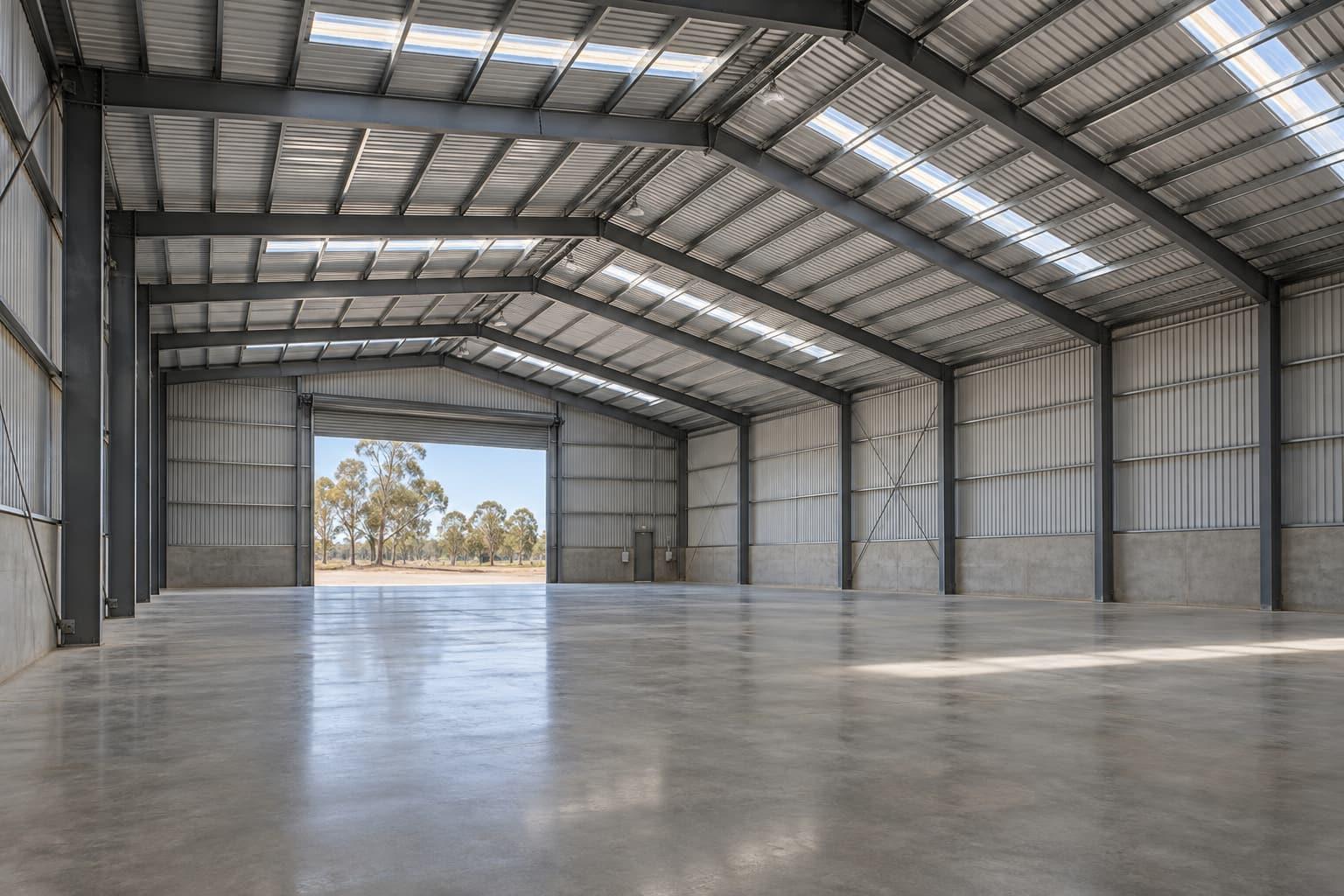 Concept visualisation of the interior of an empty clear-span steel warehouse with skylights and a polished concrete floor