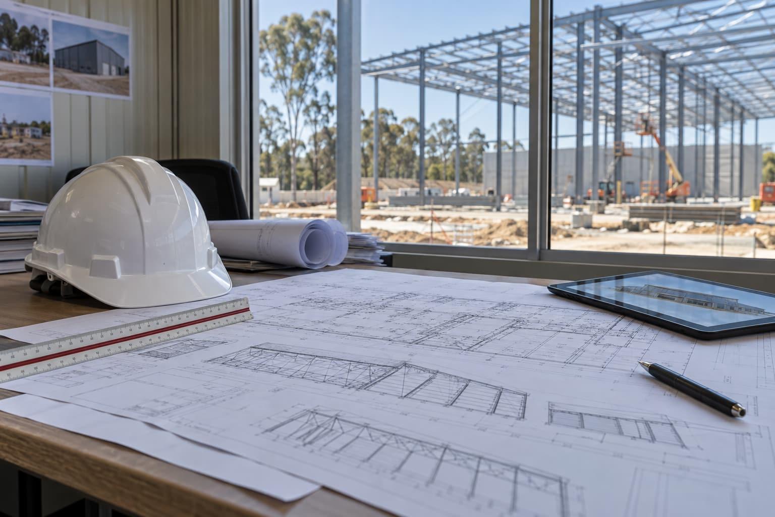 Concept visualisation of warehouse drawings, a scale rule and a hard hat on a site office table