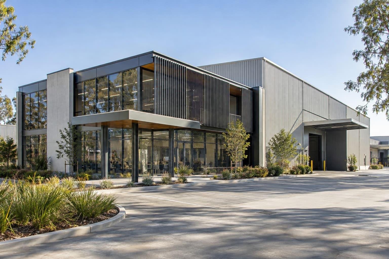 Concept visualisation of a two-storey glazed office frontage attached to a metal-clad warehouse
