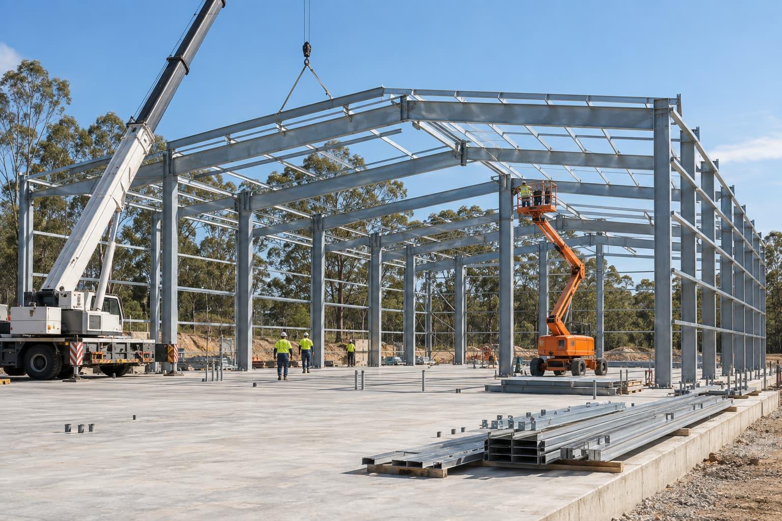 Concept visualisation of steel portal frames being erected on a regional site