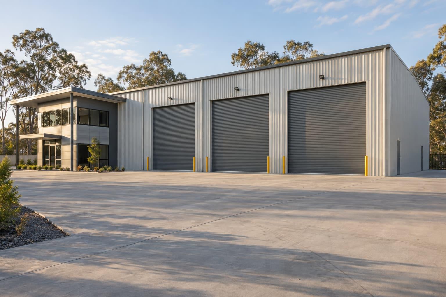 Concept visualisation of a steel warehouse with roller doors, office and hardstand